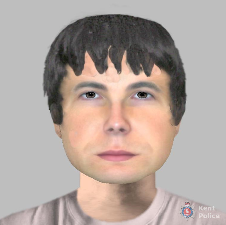 A Polícia de Kent divulgou um esboço gerado por computador de um suspeito.  Os usuários os consideravam garantidos.