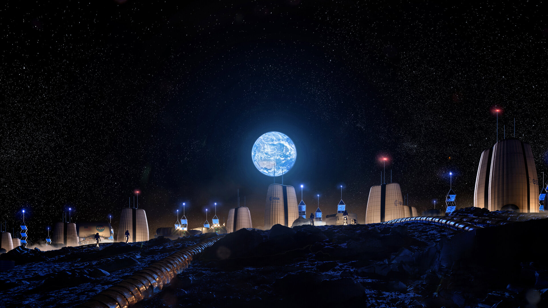 Uma ousada simulação de vídeo mostra a colonização da Lua em 2075.